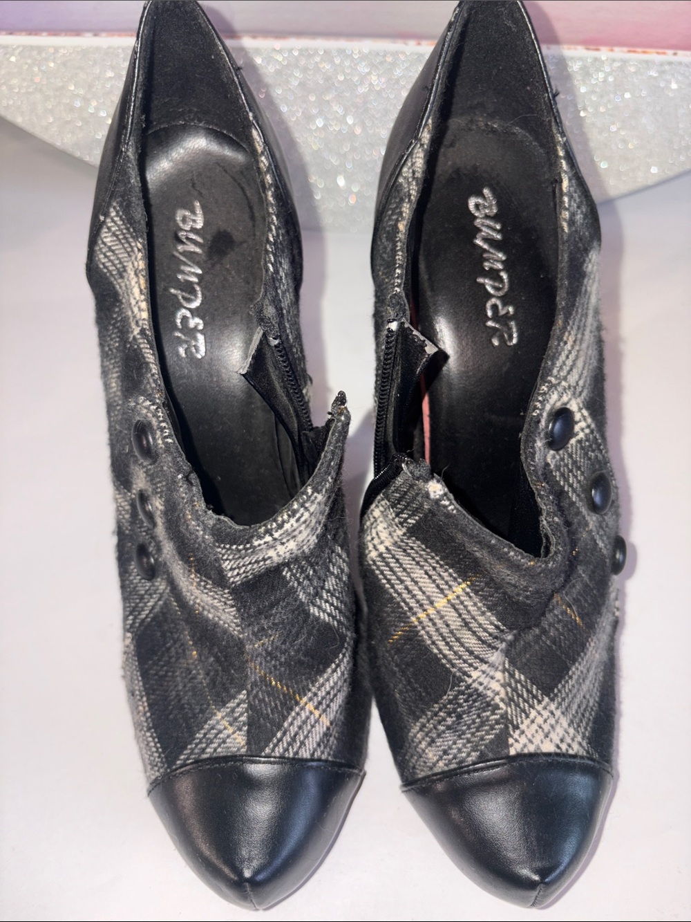 Bumper Black Plaid Pointed-Toe Heeled Oxfords